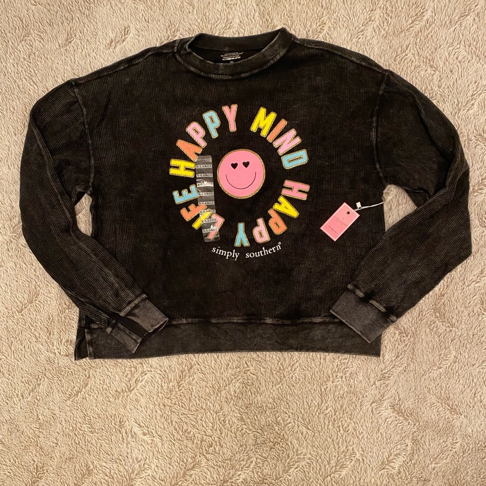 Simply Southern Black Sweatshirt with Pastel Happy Mind Graphic